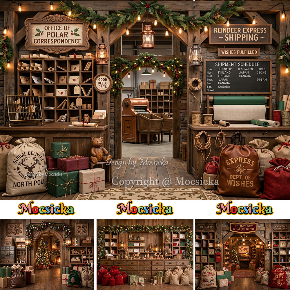 Office Tech Background - モシッカ クリスマス郵便局背景幕 写真撮影用ランタンギフト 木製小屋 サンタの工房背景 冬の家族写真