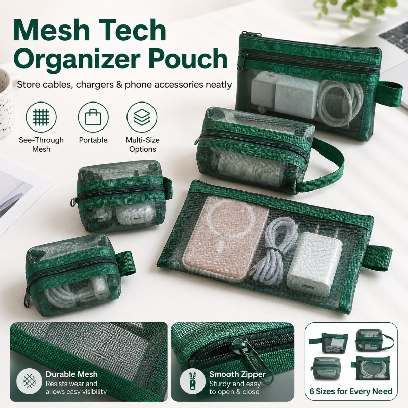 Office Tech Bag - 6個入りメッシュテックオーガナイザーポーチ、充電器、イヤホン、電話アクセサリー、旅行やオフィスの必需品用のポータブルケーブル収納バッグ