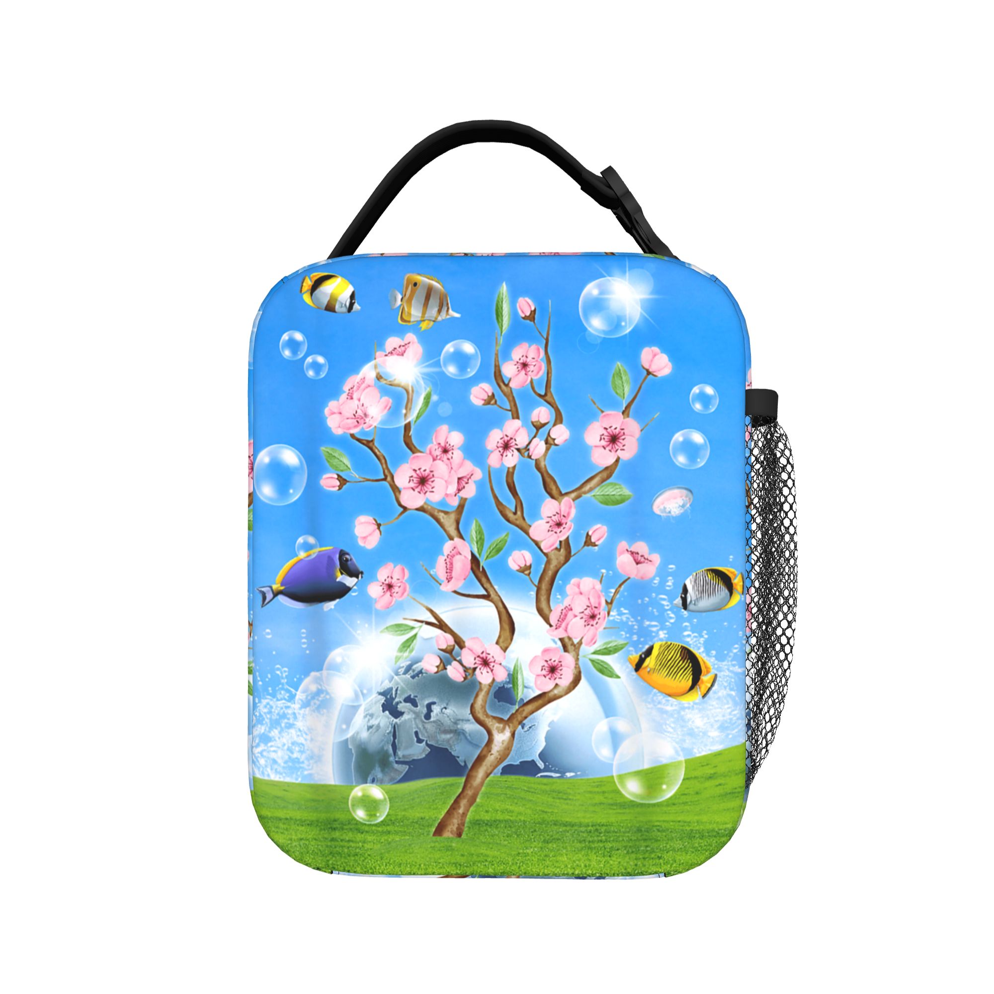 Office Tech Bag - Frutiger Aero Aesthetic Tech 桜の花の魚の泡ランチバッグランチボックス大人のオフィスグラフィッククーラーバッグトートフードバッグ