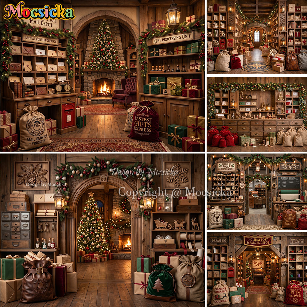 Office Tech Background - Mocsicka クリスマス郵便局背景幕写真撮影用ランタンギフト木製サンタの工房背景冬家族写真スタジオ