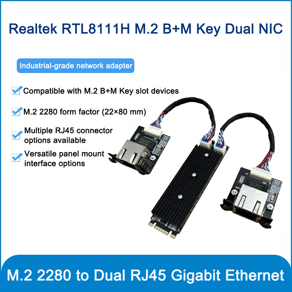 Gigabit Network Card - 産業用M.2 B+Mキー デュアルポート ギガビットNIC 2x RTL8111Hチップ