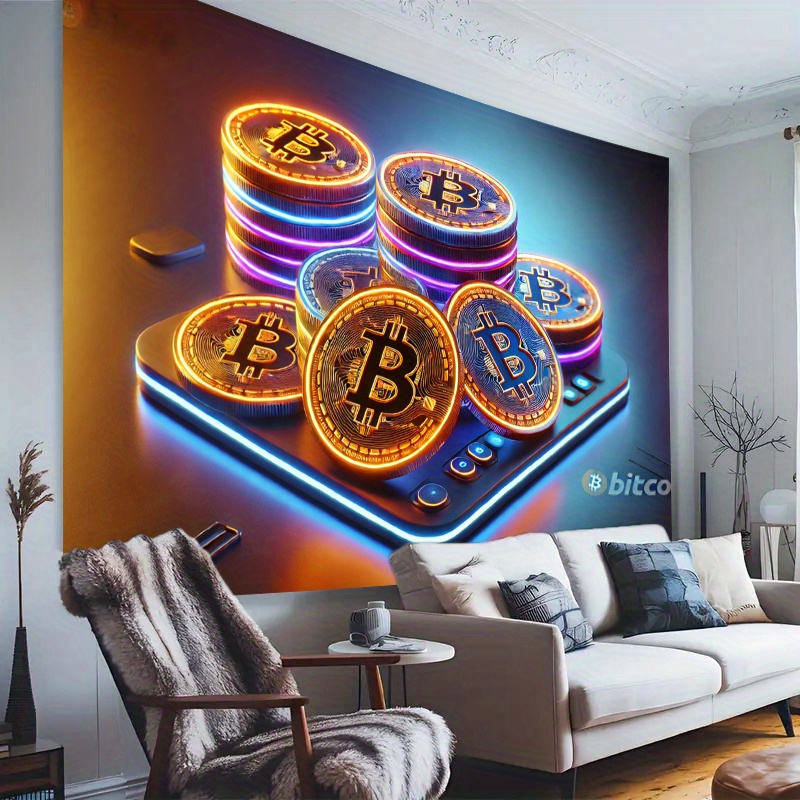 Office Tech Background - 暗号通貨ビットコインタペストリー、ネオンゴールドコインの携帯電話壁掛け、ゲーマールームやオフィスの背景に最適なデジタル通貨テクノロジーデコレーション