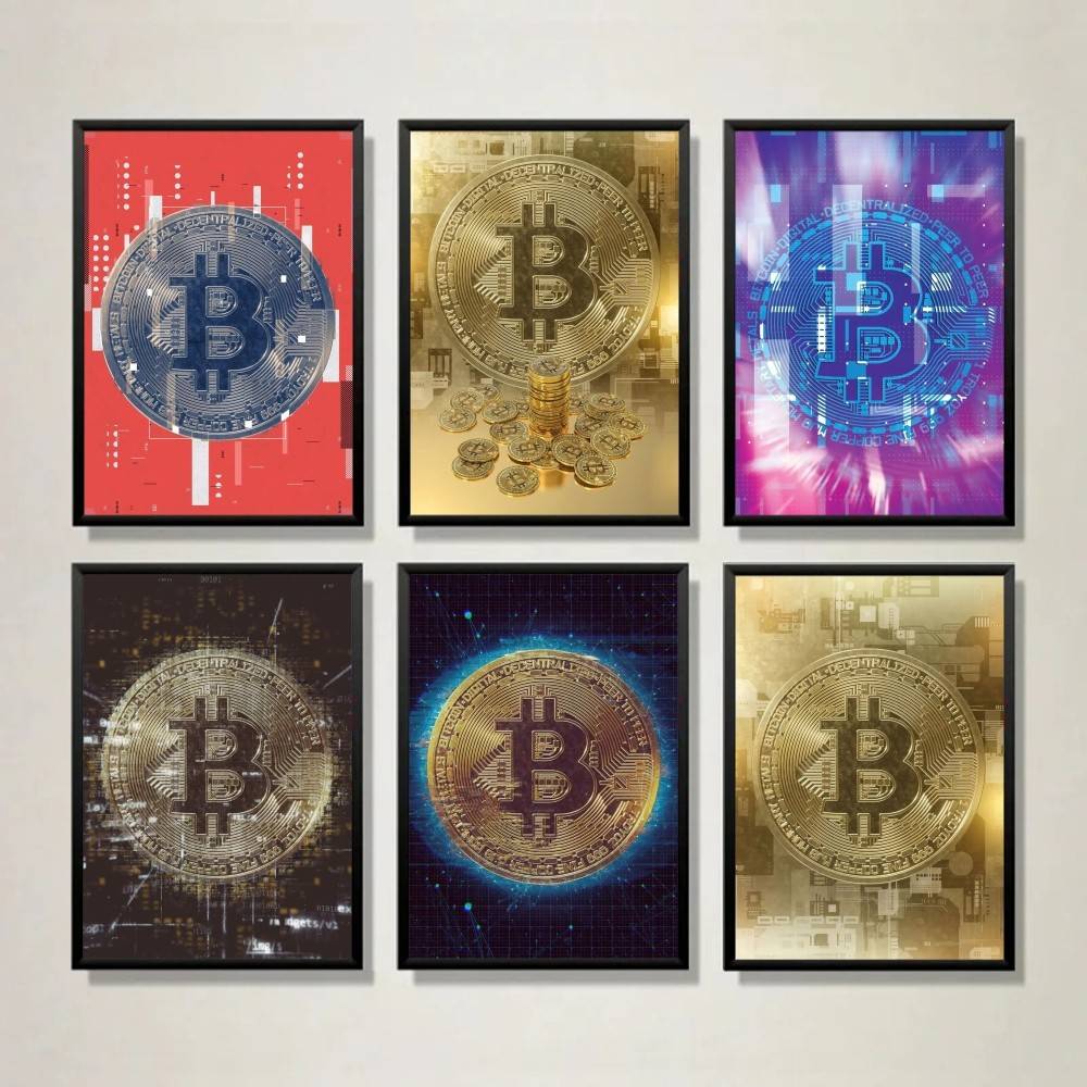 Tech Office Wallpaper - サイバーテック回路金貨ポスター抽象デジタル通貨シンボル壁飾り投資家オフィストレーディングルームアートプリント