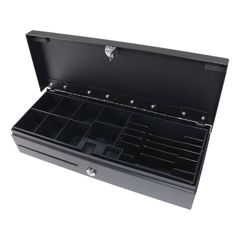 Cash Drawer Pos - POSシステム用キャッシュレジスター引き出し、紙幣6枚/硬貨8枚収納、12V/24V、RJ11/RJ12キーロック、メディアスロット、ブラック