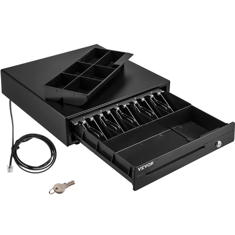 Cash Drawer Pos - キャッシュレジスター用ドロワー 16インチ 12V POSシステム用 トレイ取り外し可能 コインコンパートメント＆キー2本付属
