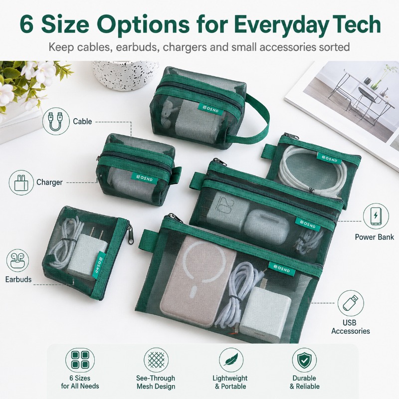 6個入りメッシュテックオーガナイザーポーチ、充電器、イヤホン - Office Tech Bag のレビューと価格